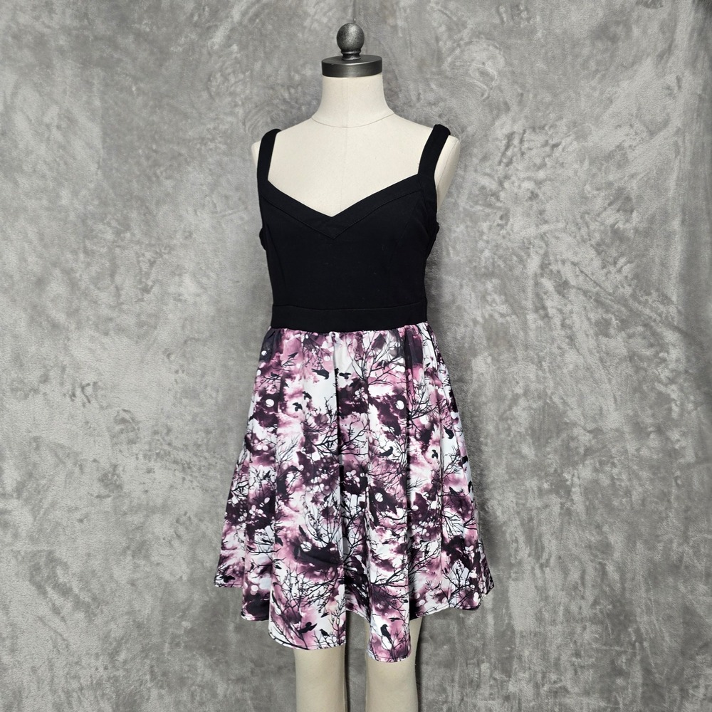 Hot Topic Purple Bird Tree‎ Skater Dress Sz M Goth V-Neck Grunge Dark Floral Emo